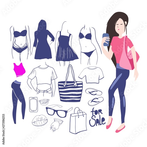 Design for clothing store advertisements, seasonal sales, accessories, shopping bag, slippers, sunglasses and a girl model photographing herself on a smartphone, graphic drawings in vector Отправить о