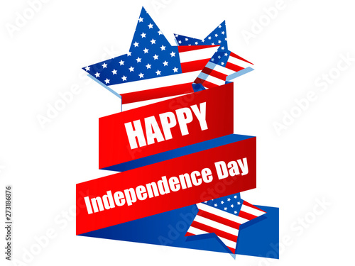 Happy Independence Day 4th of July. Ribbon and stars with USA flag, festive banner isolated on white background. Vector illustration