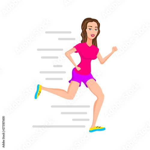young woman runner running or jogging girl vector isolated character outdoor activities young active pastime nurturing spirit and willpower. Vector illustration of a flat design