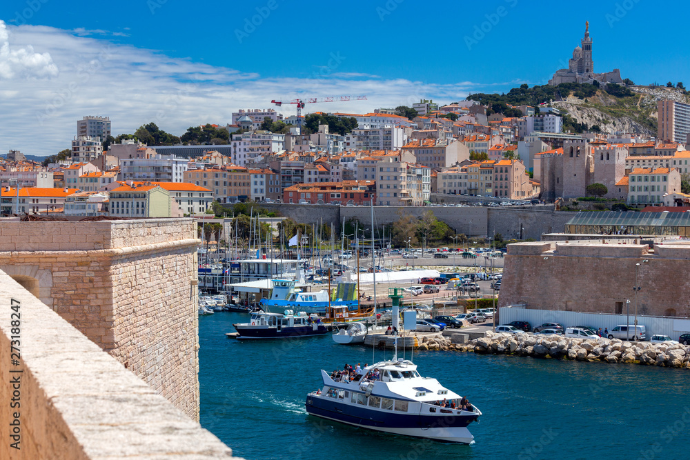 Marseilles. View of the water area of the old harbor on a sunny day.
