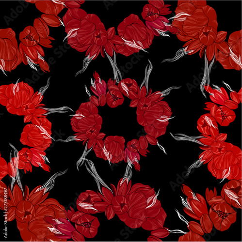 Fototapeta Naklejka Na Ścianę i Meble -  Seamless pattern with red flowers.  A flower on a dark background. Use printed materials, signs, items, websites, maps, posters, postcards, packaging.