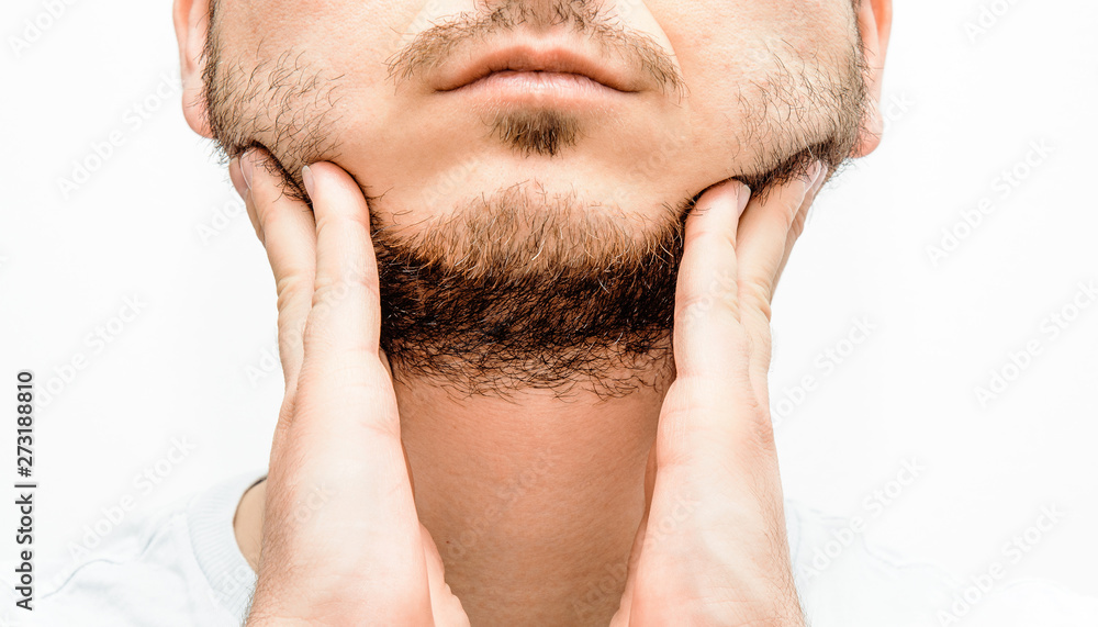 Obraz premium Before and after facial hair of a man on a bright white background. The concept of personal hygiene in a man. A man with a beard and no beard. Shaving and taking care of facial hair.