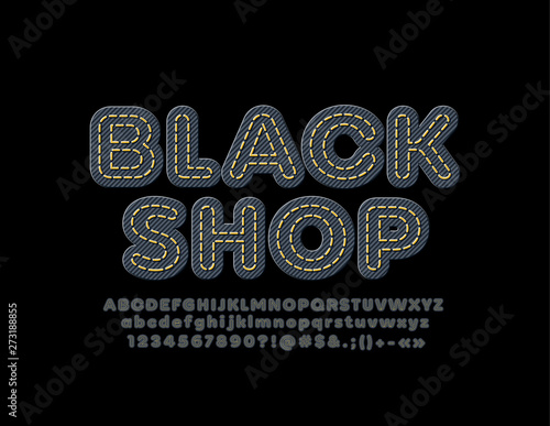 Vector trendy sign Black Shop with fabric pattern Font. Textile sewed Alphabet Letters, Numbers and Symbols