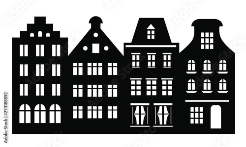 Laser cutting Amsterdam style houses. Silhouette of a row of typical dutch canal view at Netherlands. Stylized facades of old buildings. Wood carving vector template. Background for banner, card.