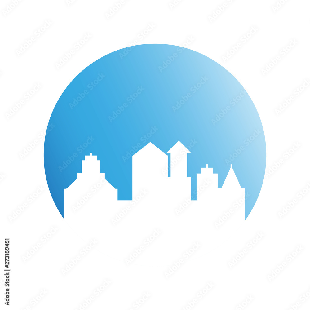 city downtown building in blue circle background