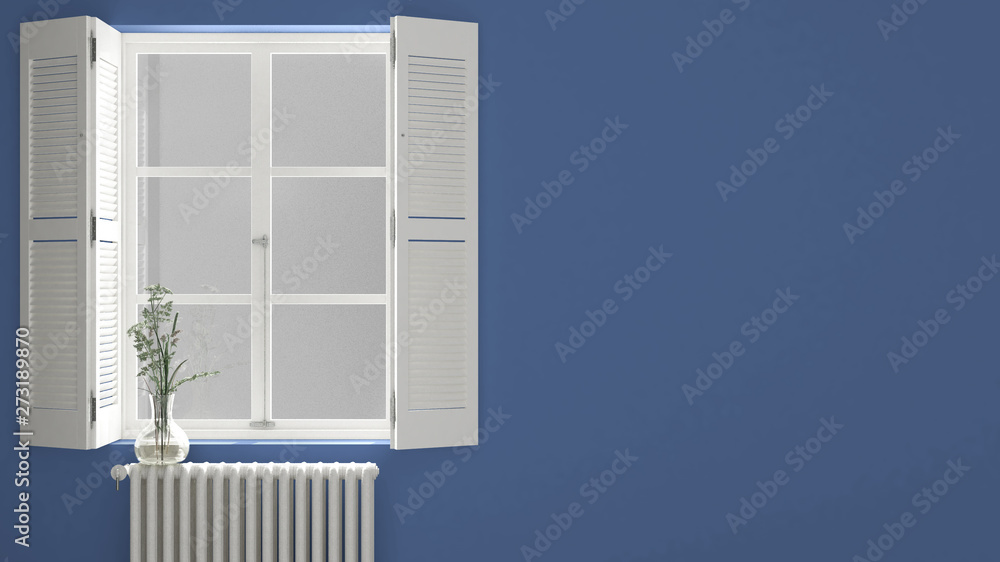 Stylish empty room with window close-up, classic shutters, glass vase with flowers, white radiator. Blue wall background with copy space, interior design concept idea mockup Stylish empty room with window close-up, classic shutters, glass vase with flowers, white radiator. Blue wall background with copy space, interior design concept idea mockup