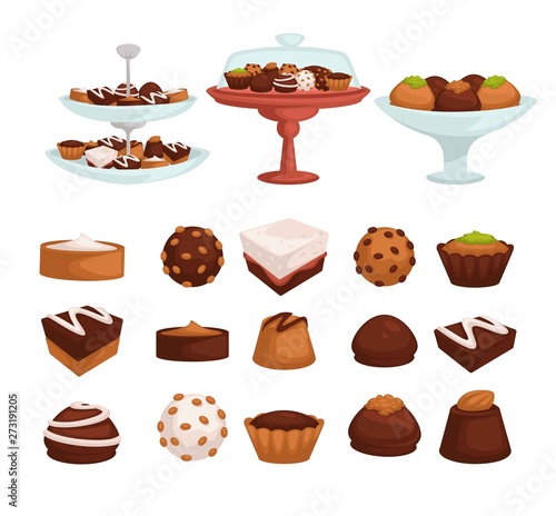 Cakes and cookies or candies with chocolate or cream pastry food