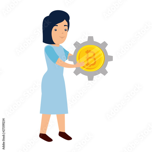 businesswoman lifting bitcoin icon vector illustrator