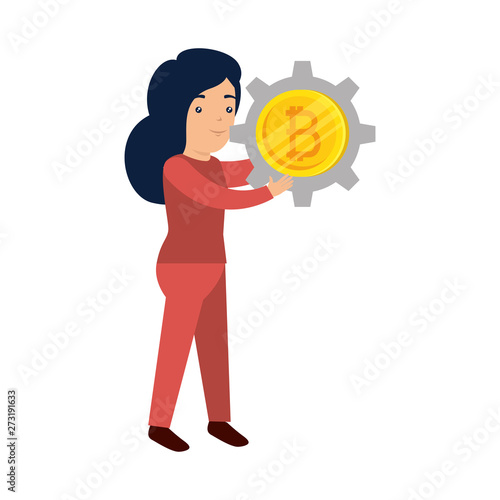 businesswoman lifting bitcoin icon vector illustrator