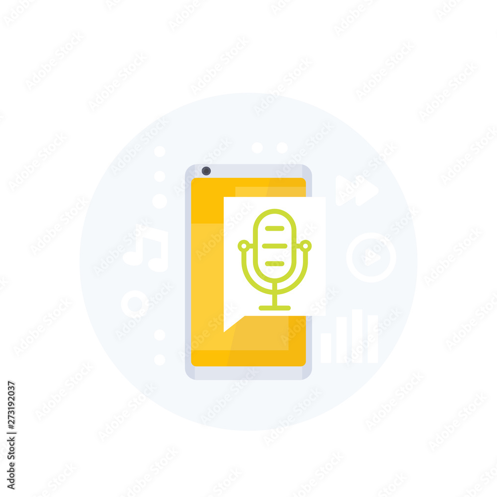 Podcast, audio app vector icon with mike and smartphone Podcast, audio app vector icon with mike and smartphone