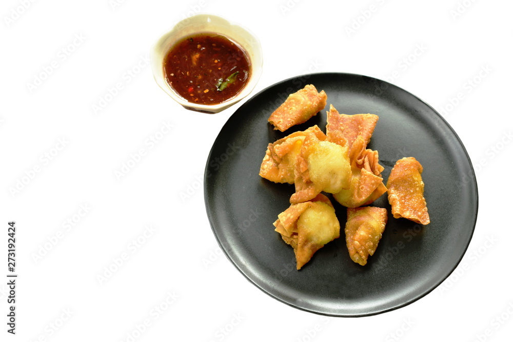 fried crispy Chinese dumpling paste wrapped egg quail dipping sweet and spicy sauce fried crispy Chinese dumpling paste wrapped egg quail dipping sweet and spicy sauce