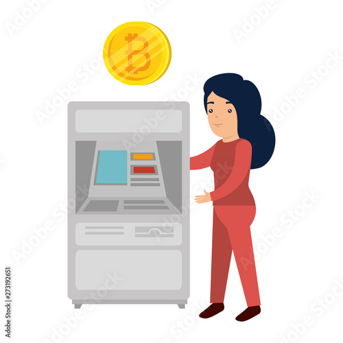 woman with atm bitcoin machine vector illustrator