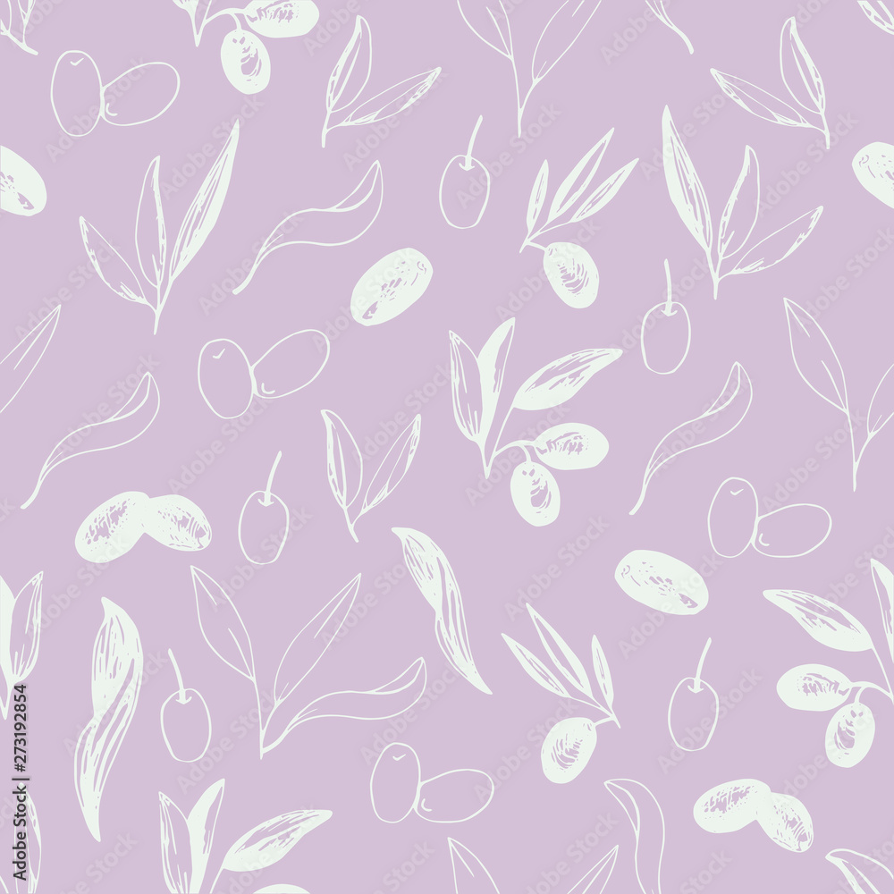 Naklejka premium Olives seamless pattern with olive branches and fruits for Italian cuisine design or extra virgin oil food or cosmetic product packaging wrapper. Hand drawn Illustration in vector.