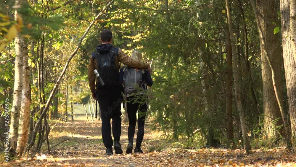 A hiking couple walks down a path through a forest on a sunny day - rear view A hiking couple walks down a path through a forest on a sunny day - rear view
