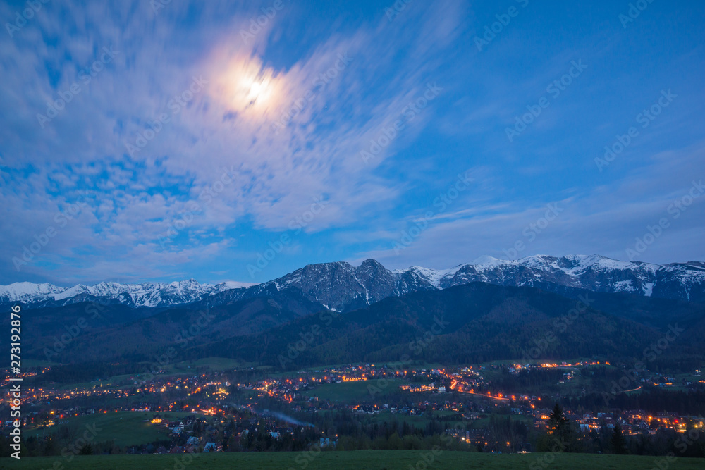 Night view on the Tatra mountains from Koscielisko, Poland