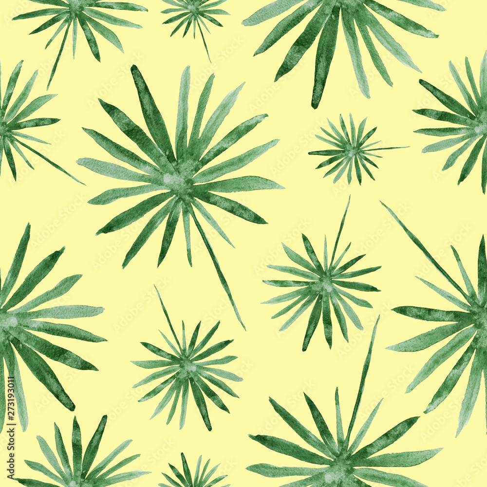Hand drawn palm leaves, tropical watercolor painting - seamless pattern on yellow background