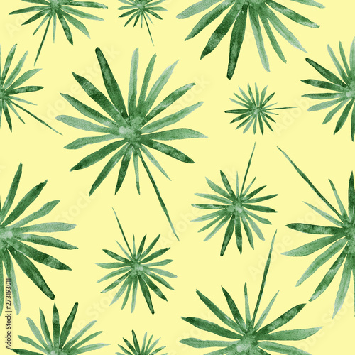 Hand drawn palm leaves  tropical watercolor painting - seamless pattern on yellow background