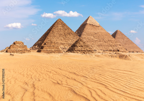 Complex of Giza Pyramids in Egypt, sunny day view