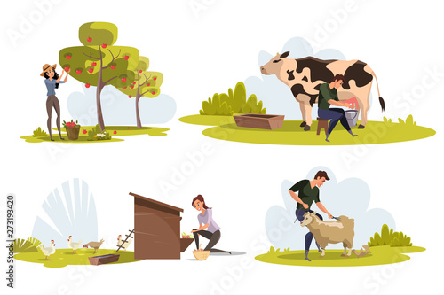 Farmers at work flat vector characters set