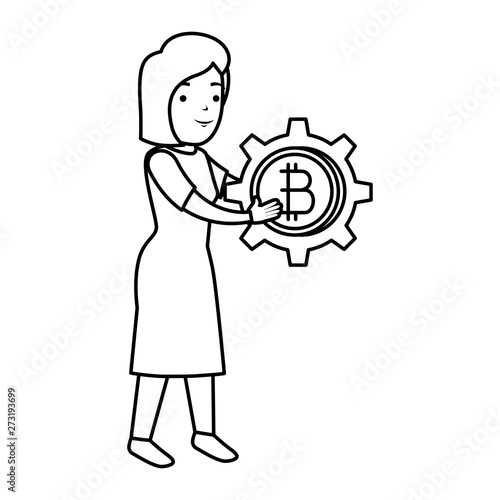 businesswoman lifting bitcoin icon vector illustrator