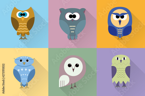 Set of flat owls on colourful backgrounds.