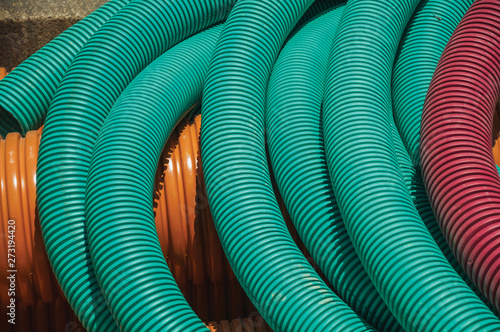 Plastic pipes for electrical wiring or cables on a construction site