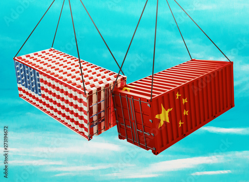 Usa and China containers, import export concept, 3d rendering