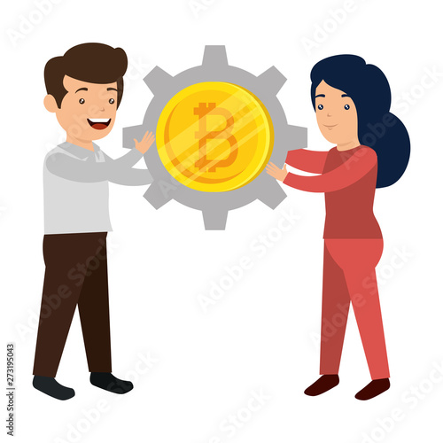 business people lifitng bitcoin vector illustrator