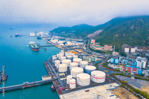 Aerial view of oil storage tank and pipeline steel and oil tanker