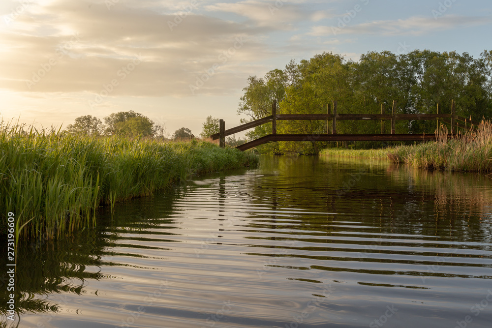 Fototapeta premium Early morning boat trip on the river enjoying the birdsong during a beautiful sunrise at the blankaart in Belgium