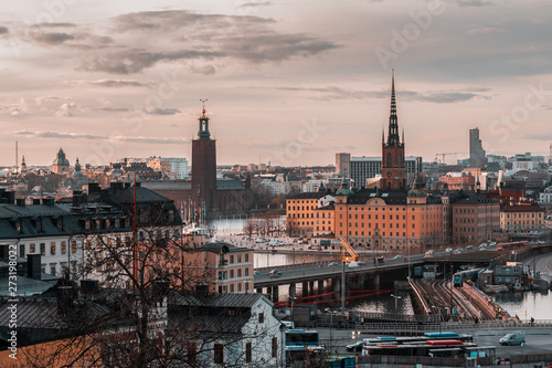 View from Slussen at sunset towards Riddarholmen and City Hall  Stockholm Sweden