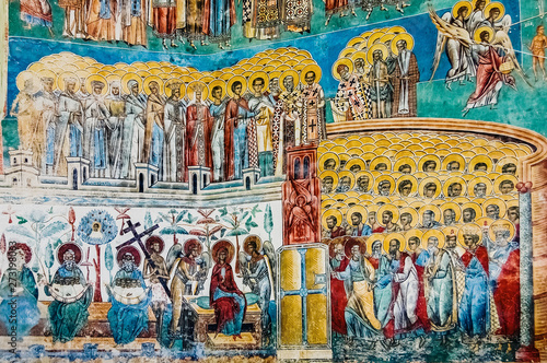 Bucovina, Romania - June 5, 2019: Paintings in frescoes of religious, colorful motifs, in Orthodox Christian monasteries of Bucovina.