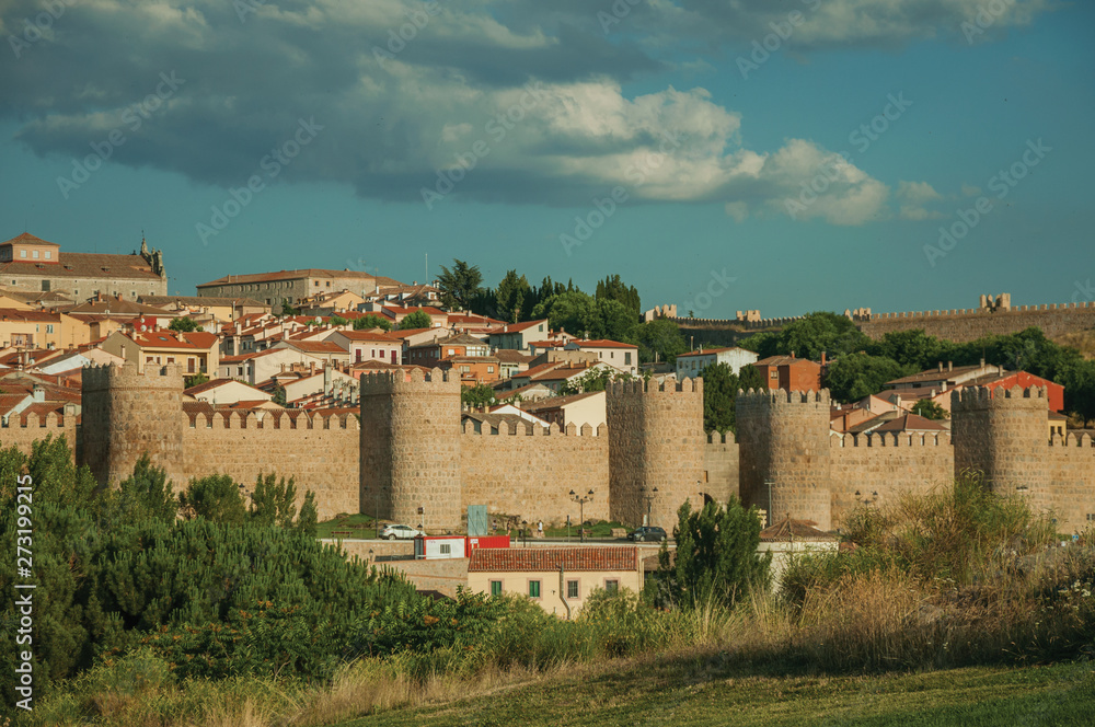 Towers with large wall over the hill encircling the Avila