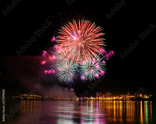Long Exposure of Fireworks Reflecting on Calm Rippling Water