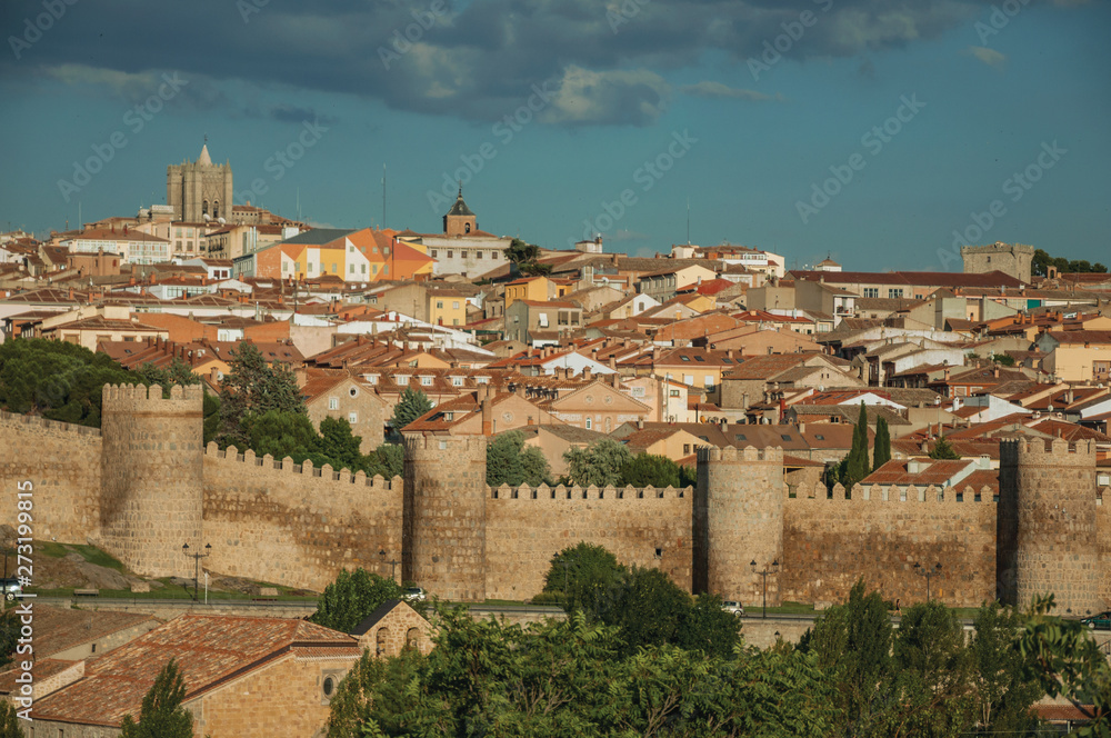 Stone towers on large wall over the hill encircling Avila