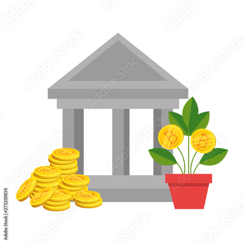 bank building with bitcoins icons vector illustrator