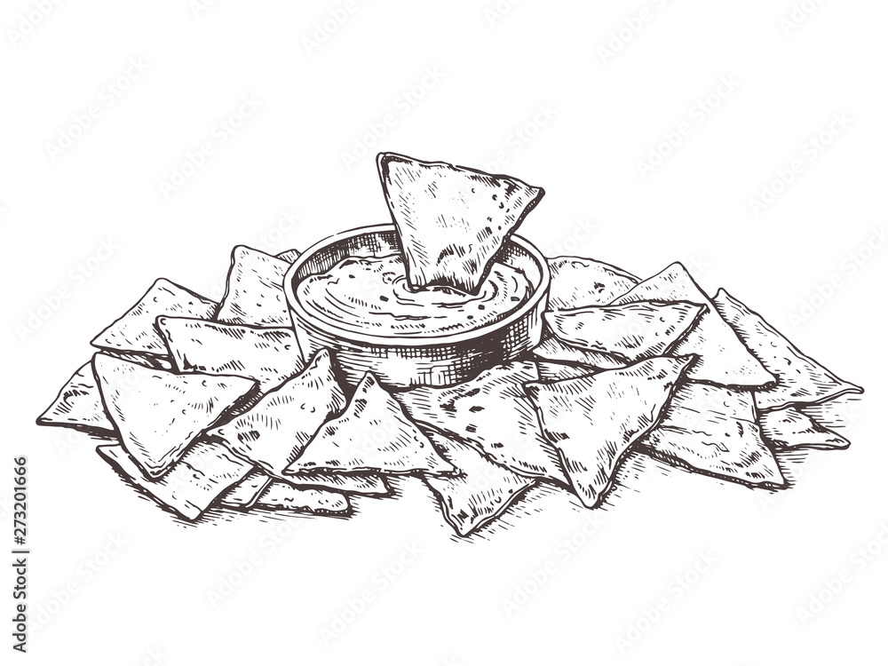 Illustration Mexican corn chips nachos with salsa dip.Sketch tortilla