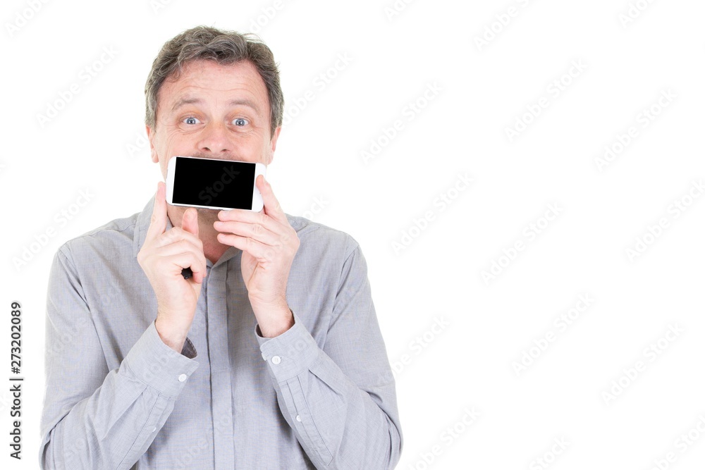 handsome man showing on face mouth blank black screen phone handsome man showing on face mouth blank black screen phone