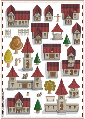 A set of medieval houses and elements. Game set. Isolated on white background. Vector illustration.