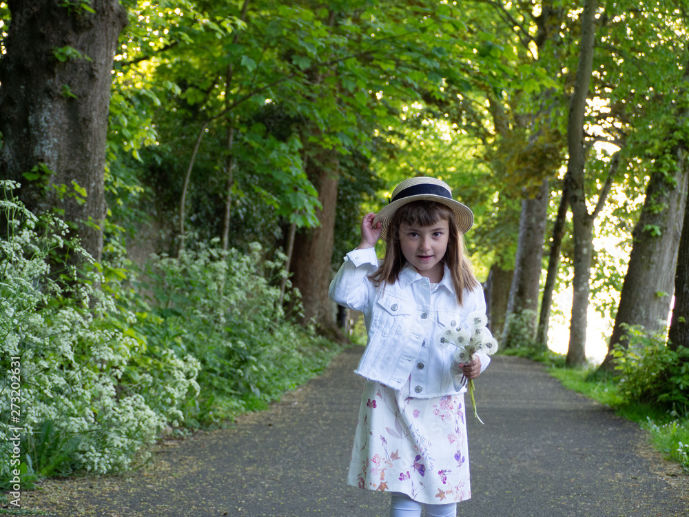 А pretty little girl is picking flowers. A sunny child in a straw hat is picking dandelions on a green glade. Summer girl. А pretty little girl is picking flowers. A sunny child in a straw hat is picking dandelions on a green glade. Summer girl.