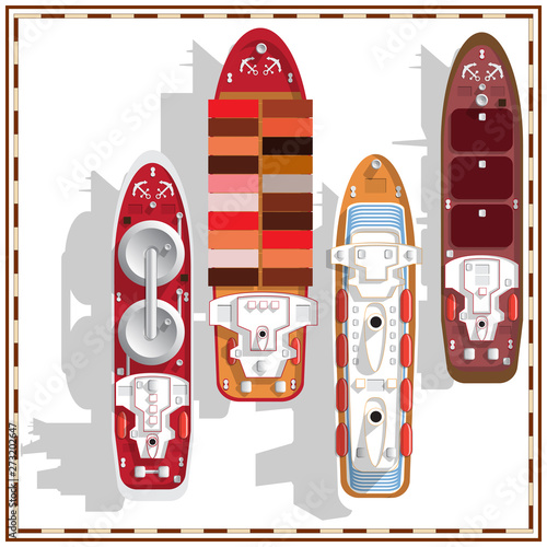 A set of ships. View from above. Isolated on white background. Vector illustration.