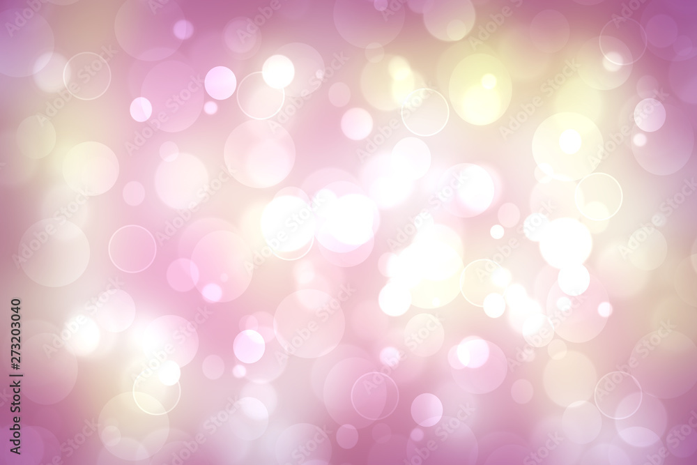 A festive abstract pink golden gradient background texture with glitter defocused sparkle bokeh circles. Card concept for Happy New Year, party invitation, valentine or other holidays.