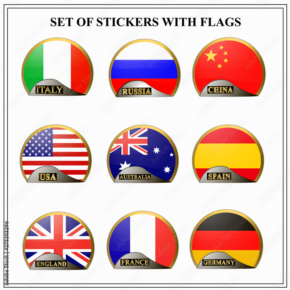 Bright set of stickers with flags. Colorful illustration with flags of the world for web design. Illustration with white background.