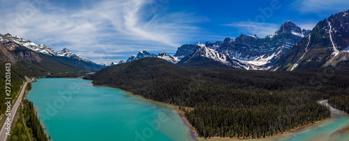 Fototapeta Naklejka Na Ścianę i Meble -  Aerial panoramic view of the scenic Waterfowl Lakes on the Icefields Parkway in Banff National Park