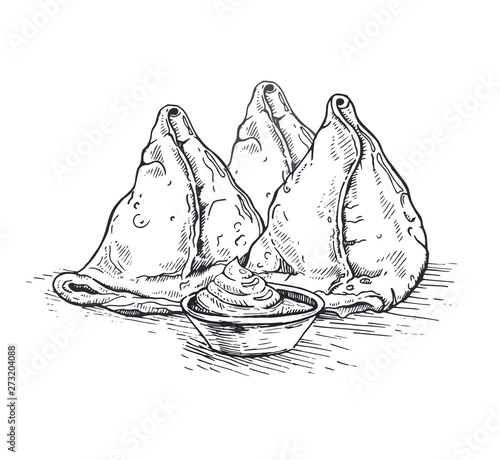 Illustration Asian food. Vegetarian samsa (samosas) with tomato sauce. Sketch.Indian cuisine.