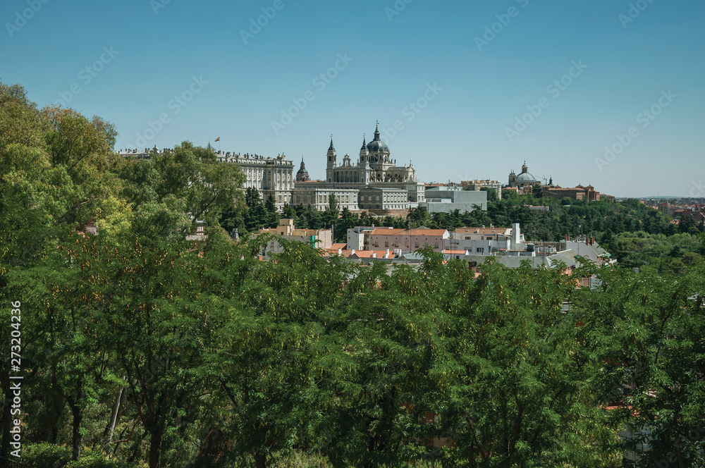 Royal Palace and Almudena Cathedral amidst trees in Madrid