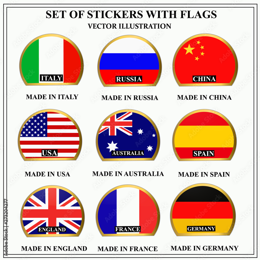 Bright set of stickers with flags. Colorful illustration with flags of the world for web design. Vector illustration with white background.