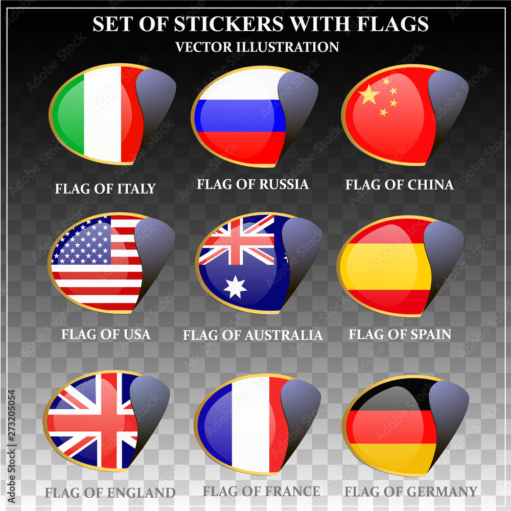 Bright set of stickers with flags. Colorful buttons with flags of the world for web design. Vector illustration with transparent background. Bright set of stickers with flags. Colorful buttons with flags of the world for web design. Vector illustration with transparent background.