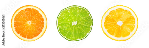 Citrus slices fruits isolated on white. Pieces fresh of orange, lime, lemon in row. Top view. Set
