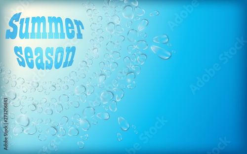 Drops of water on a blue background. Realistic illustration of cool water. Summer drinks.Seasonal banner. Summer collection. Vector  EPS 10.